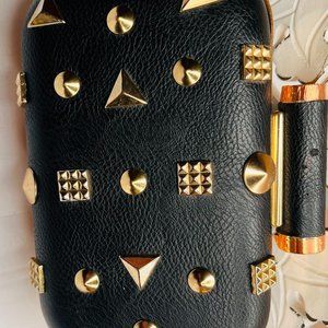 Vintage Black Leather Studded Clutch – Early 1980s – Handmade – Gold Metal Rivet